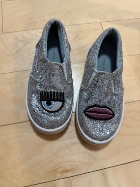Chiara Ferragni Kids Silver Glitter Slip-On Sneakers with Eye & Lip Patches